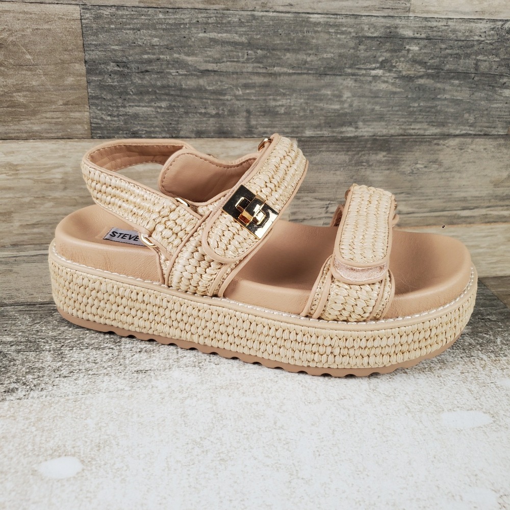 Steve Madden Bigmona Womens Platform Sandals Sz 7.5 M Natural Raffia Turn-Lock